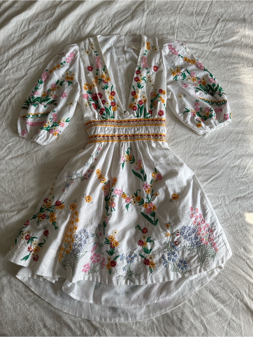 Anthropologie White Floral-Embroidered Mini Dress with Puff Sleeves
